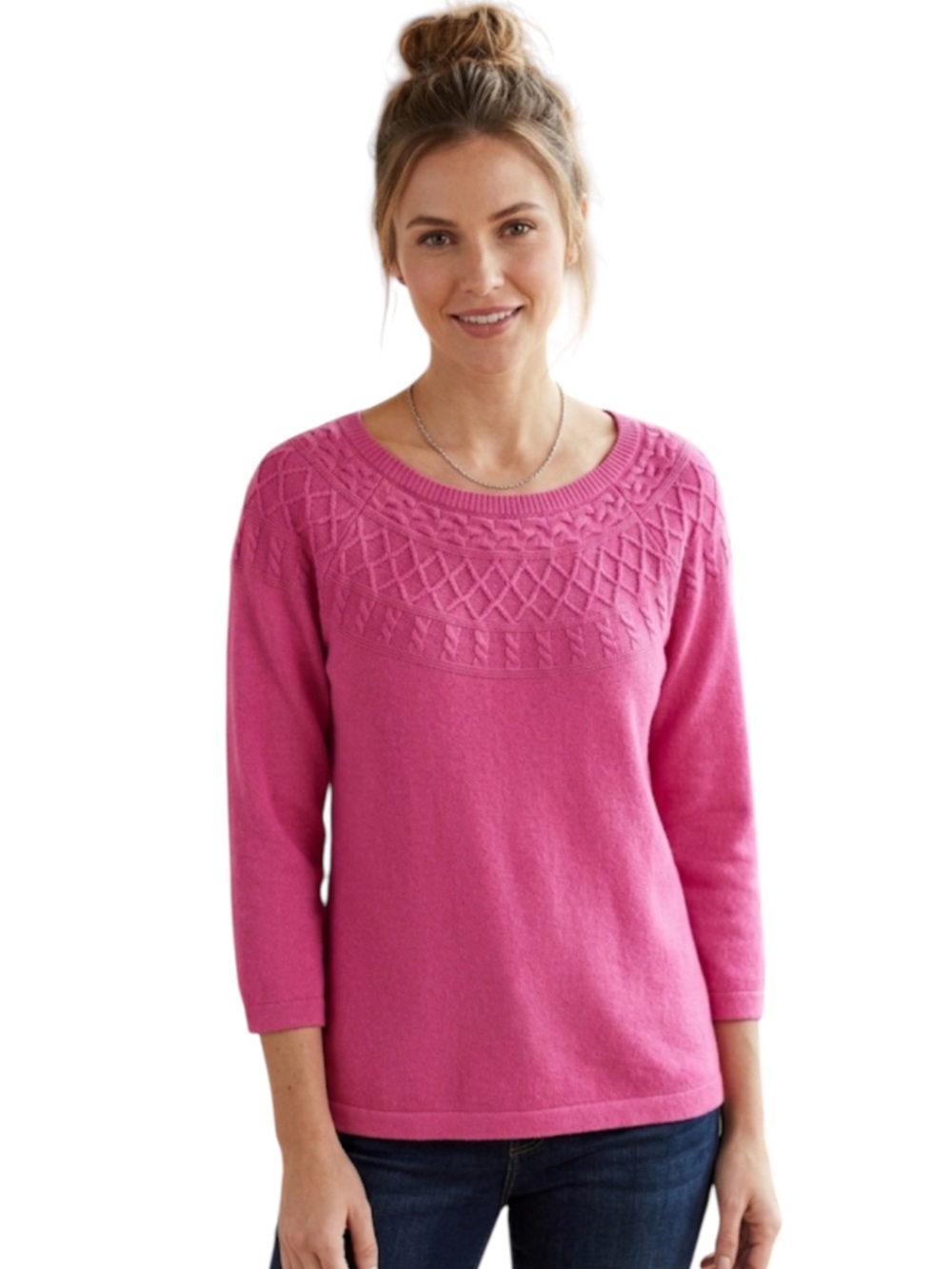 Talbots Women's Bright Pink Cable Knit Yoke Sweater - 3/4 Sleeve Scoop Neck⁠ 2X